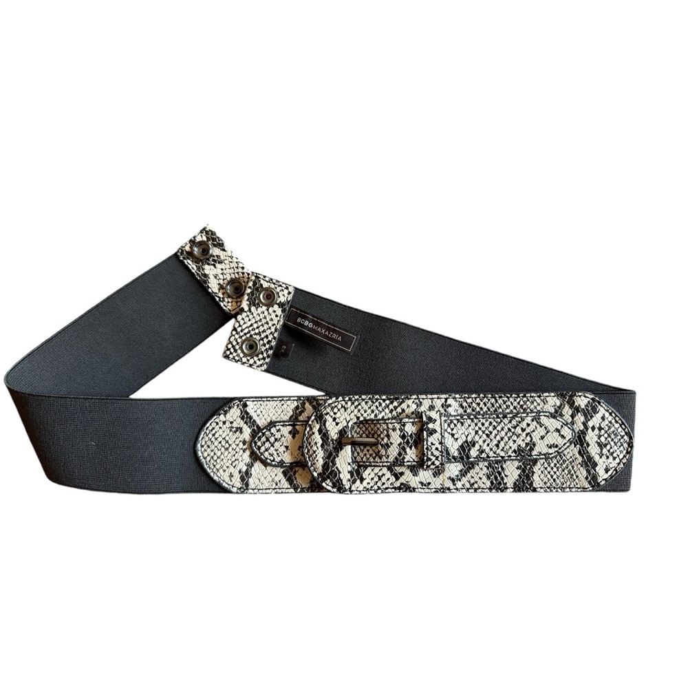 BCBGMAXAZRIA Womenβs Black Stretch Belt With Snake Print Buckle Insert XS